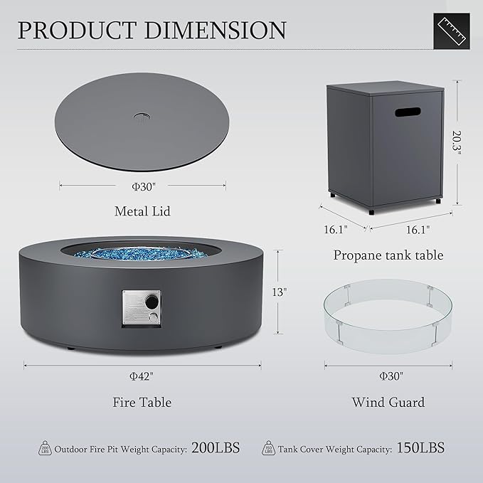 UPHA 42-inch Outdoor Propane Gas Fire Pit Table 50000 BTU Iron Round Firepit for Outside Patio with Tank Hidden Table, Wind Guard, Removable Lid, Blue Glass Rocks, Rain Cover, Dark Grey
