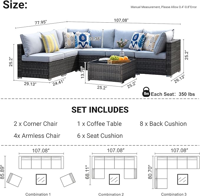 HOOOWOOO 7 Piece Patio Sectional Furniture Set,Modern Wicker Outdoor Conversation Sofa Sets,Weather Resistant Modular L Shaped Outside Couch Table Set(Light Grey)