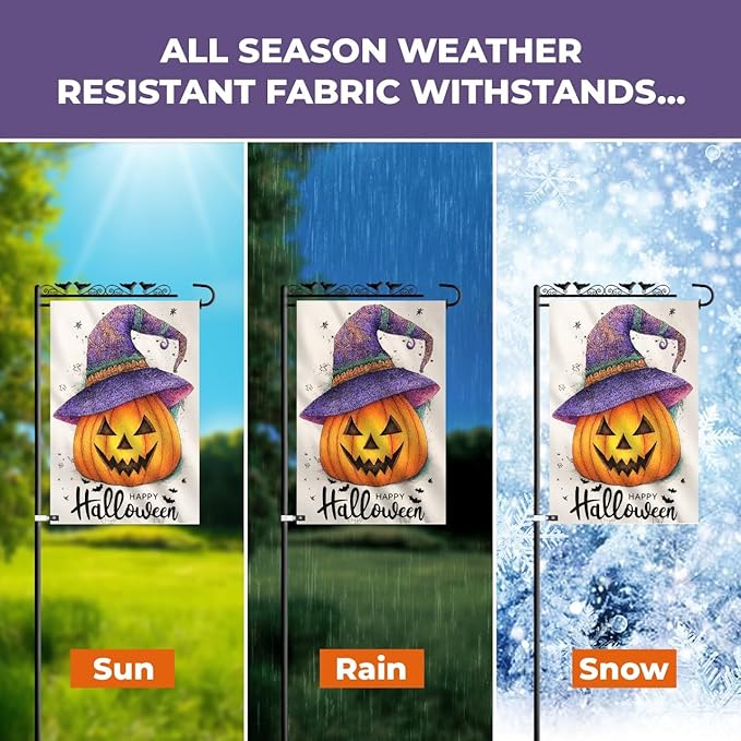 Happy Halloween Garden Flag 12x18 Inch – Pumpkin with Purple Hat, Double Sided Burlap Fall Yard Flag for Outside