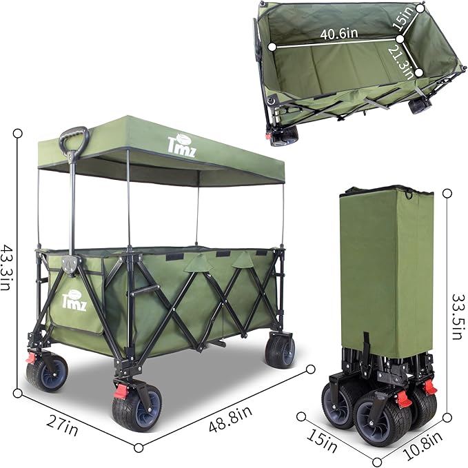 TMZ Collapsible Wagon 445L Extra Large Outdoor Utility Cart, Heavy Duty Carts Foldable with All-Terrain Big Wheels, Canopy and Brakes, Utility Beach Wagon for Outdoor Garden (Green)