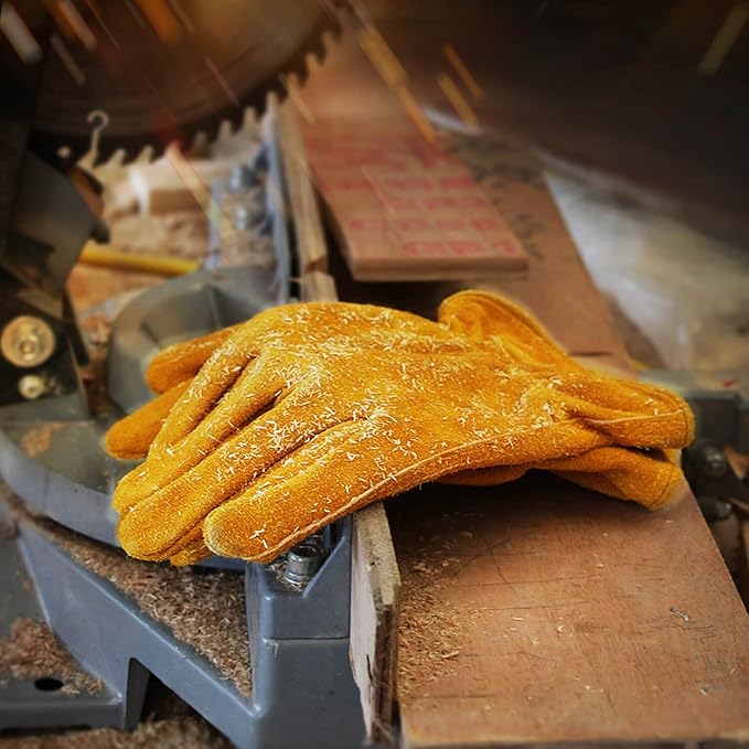 OZERO Leather Work Gloves Flex Grip Tough Cowhide Gardening Glove for Men and Women (Medium, Gold With Mesh Linning)