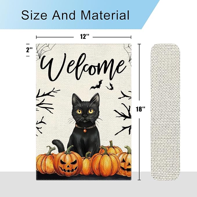 DLZDN Welcome Halloween Black Cat Garden Flag Jack O Lantern Flag 12×18 Inch Double Side Vertical Burlap Farmhouse Yard Sign Holiday Seasonal Outdoor House Decoration