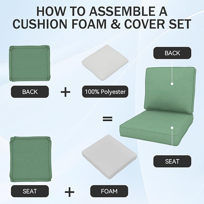 Outdoor Chair Cushions 23" x 24" x 4", Patio Deep Seat Replacement Cushions Set with Zippered Removable Cover, Weather-Resistant Olefin Fabric for Garden Chair Sofa Couch, Set of 6, Green