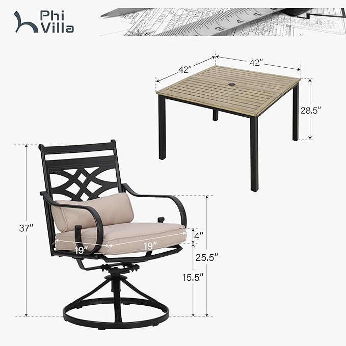 PHI VILLA 5 Pcs Patio Dining Set, Table Chair Set for 4 With Swivel Chairs and Metal Frame Steel Square Table, Outdoor Furniture With Cushion and Pillow for Garden Lawn Deck