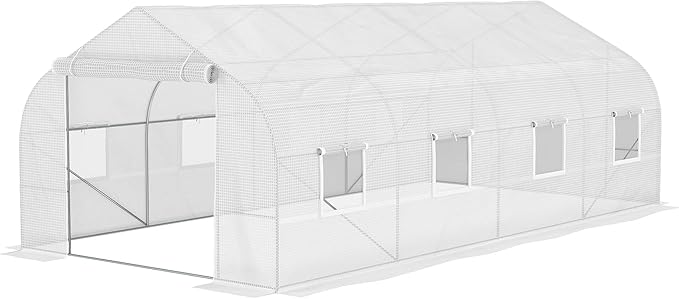 Outsunny 20' x 10' x 7' Walk-in Greenhouse, Tunnel Green House with Galvanized Steel Frame, Hoop House Kit with Zippered Door and 6 Windows, White