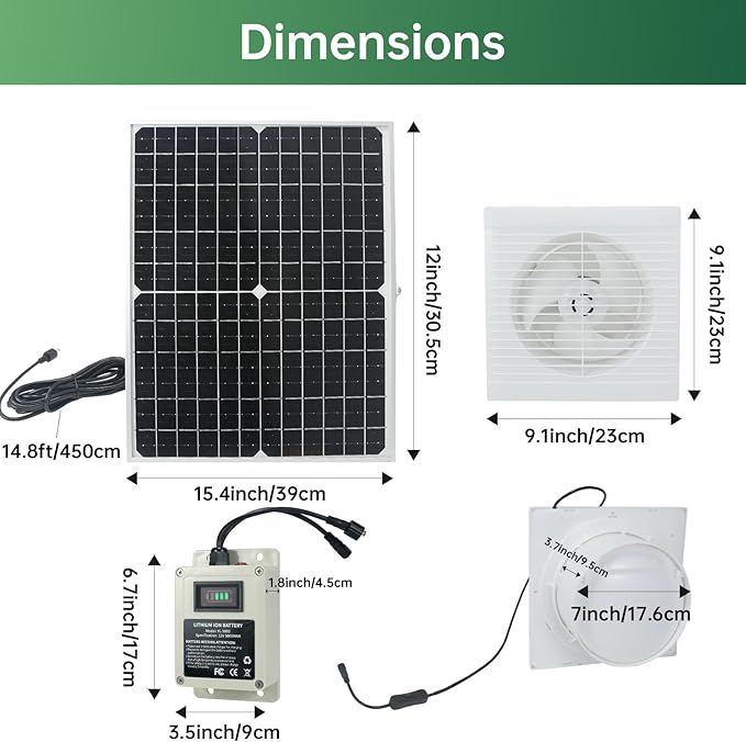 Solar Powered Exhaust Fan with Battery, 25 W Waterproof Solar Panel 8 Inch Ventilation Vent Fan Solar Fan for Greenhouse, Chicken Coop,Shed, Garage, Attic, Barn, Workshop,14.8ft Cable,5000mAh Battery