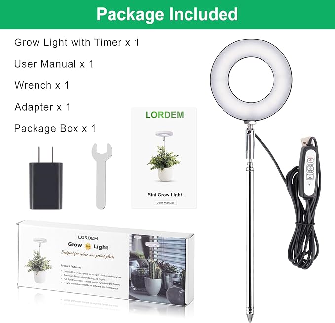 LORDEM Plant Grow Light, Full Spectrum LED Light for Indoor Plants, Auto On/Off Timer, 4 Dimmable Brightness, Black