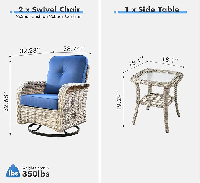 Outdoor Swivel Rocker Patio Chairs with Side Table,Wicker Swivel Rocking Chair Set of 2,3PCS High Back Wicker Patio Furniture Set Glider Chairs for Porch, Balcony, Deck,Yard,Navy Blue