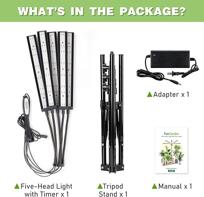 FOXGARDEN Grow Lights for Indoor Plants with Stand, Full Spectrum Plant Lights for Indoor Growing with Flexible Gooseneck, Five-Head Floor Grow Lamp with 4/8/12H Timer & 4 Brightness Levels