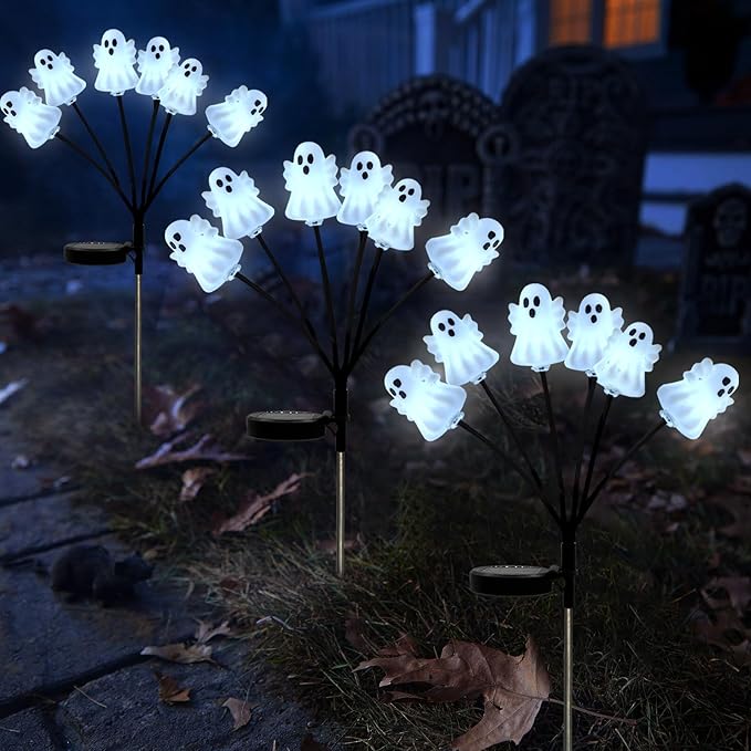 Solar Halloween Pathway Lights 3 Pack Ghost Stake Lights Outdoor 2 Modes Cool White LEDs for Garden Yard Patio