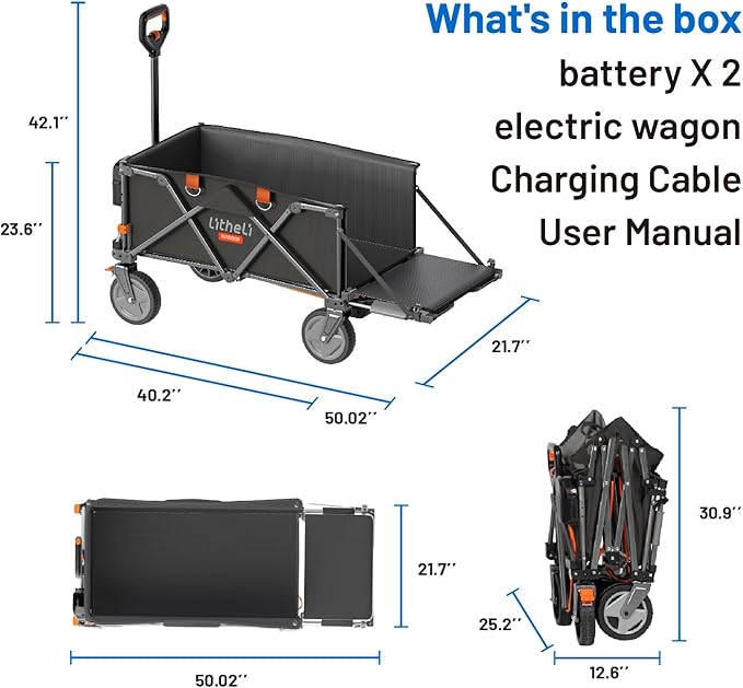 Litheli Electric Wagon Cart with Battery Power, All-Terrain Wheels & Variable Speed | 200L Capacity, 300 lbs Heavy-Duty Utility Wagon for Camping Gear, Beach Trips, Garden Tools & Shopping Hauls