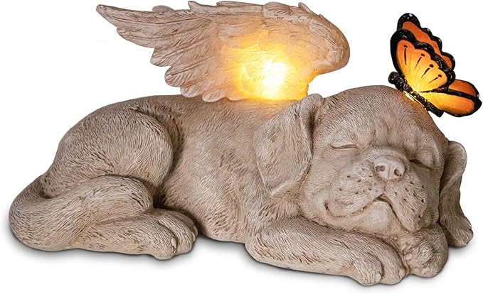 WONDER GARDEN Sleeping Dog Angel Statue with Solar Light - Pet Memorial Stone, in Memory of Dog, Marker Tribute Statues, Resin Guardian Angels, Bereavement Gift