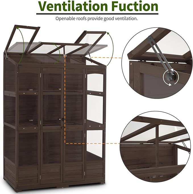 MCombo Wooden Greenhouse, Walk-in Outdoor Greenhouse with Openable Roof and Lockable Door, 0899 (Brown)