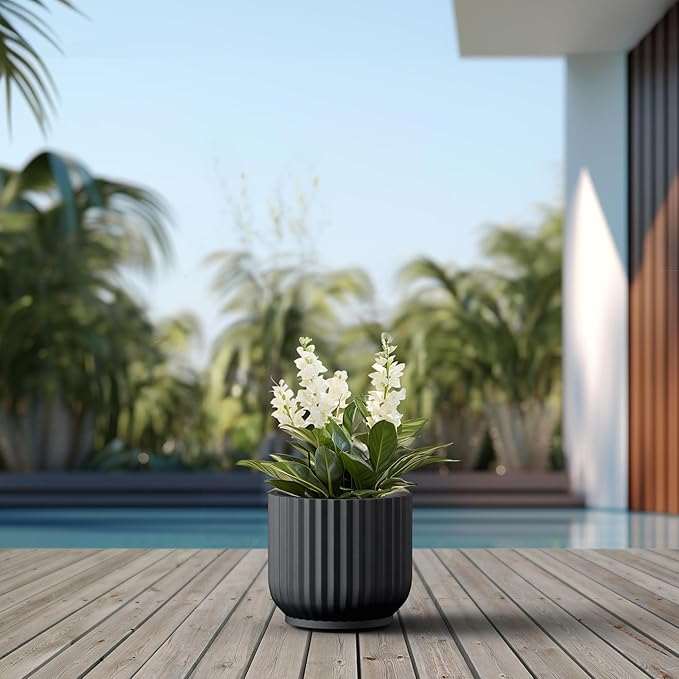 Kante Round Fulted Planter, 11 Inch Dia Large Concrete Plant Pots with Drainage Hole and Rubber Plug, Modern Decor for Indoor Outdoor Plants, Flower, Black