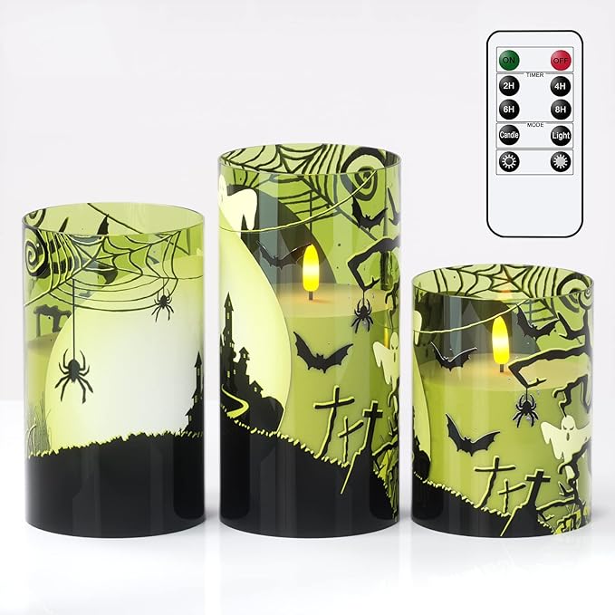 Eldnacele Halloween Flameless Candles with Remote Spider Web, Ghost, Castle Decals Battery Operated Real Wax Flickering Glass Pillar Candle for Spooky Holiday Decor 3 Pack