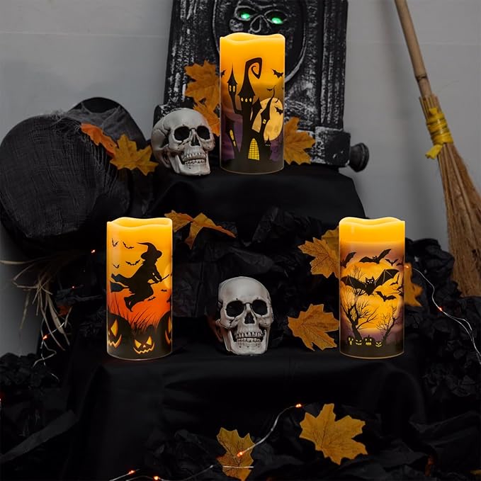 DRomance Rechargeable Halloween Flameless Candles Battery Operated with 6 Hour Timer Real Wax Flickering LED Pillar Candles Bats Witch Pumpkin Dinner Halloween Indoor Deocration(3 Pack, 3" D x 6" H)