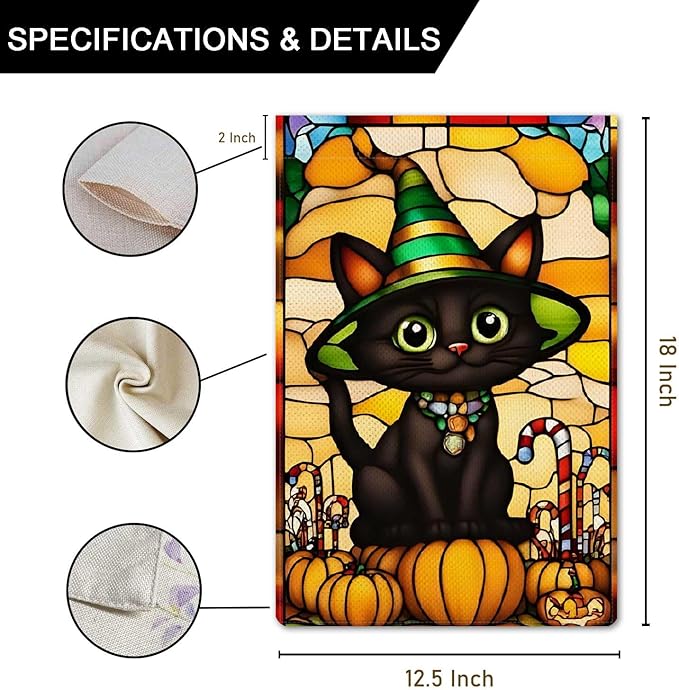 Wizard Cat Garden Flag Halloween Cute Black Cat Stained Glass Style Small Flag for Outside Pumpkin Burlap Double Sided Welcome Yard Lawn Decor 12.5x18"
