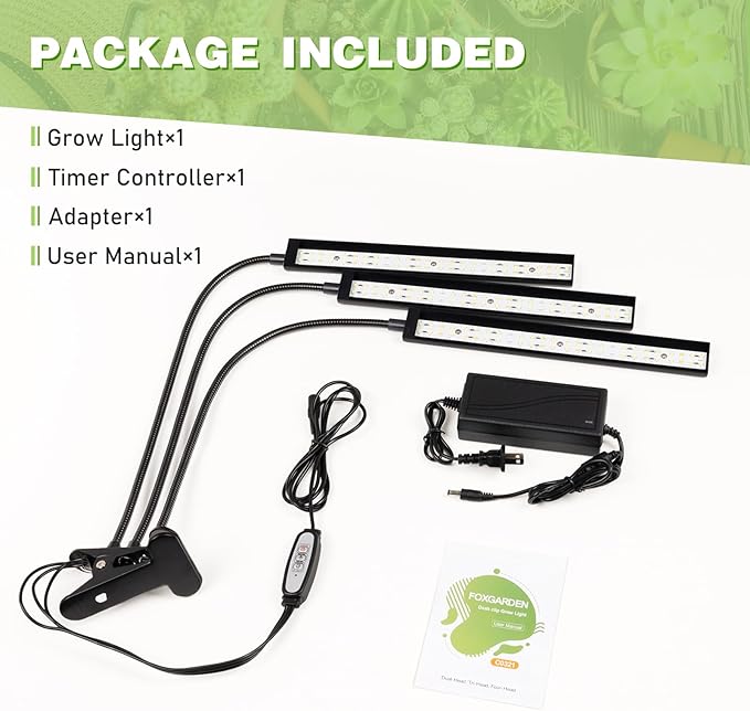 FOXGARDEN Grow Lights Full Spectrum, Tri-Head Plant Lights for Indoor Growing with Flexible Gooseneck, 156 LEDs Clip Grow Lamp with 4/8/12H Timer, 4 Brightness Levels, Ideal for Indoor Growth