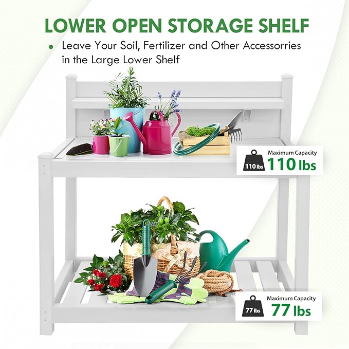 EAGLE PEAK Outdoor Indoor Maintenance Free Vinyl Garden Potting Bench, Waterproof Potting Table with Open Shelf, Lower Storage, 40inx21.6inx43.9in, White