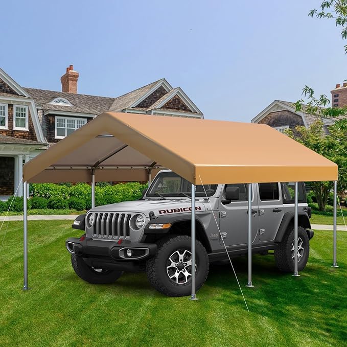 Multi-Size Heavy Duty Carport 12x20 Ft, Portable Garage with Roll-Up Zipper Doors/Windows, 200g PE Tarp & Removable Sidewalls, 12 Stakes & 12 Ropes, Grey/Gray All-Season Shelter for Car.