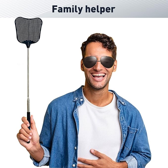 Fly Swatter, Flexible and Durable Telescopic Stainless Steel Retractable Handle ,Manual Fly swatters for Home,Garden,Classroom and Office (2Pcs Black& Blue)