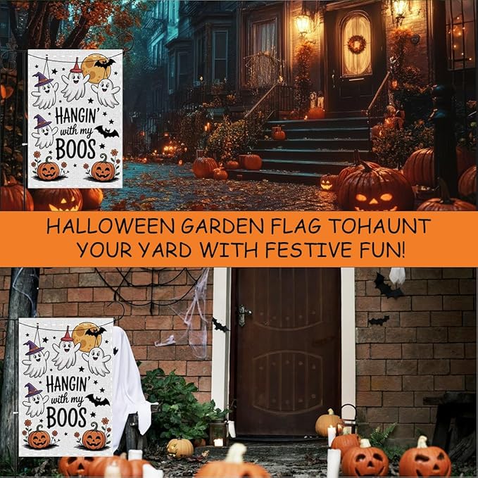 Fokongna Funny Halloween Spooky Pumpkin Garden Flag, Cute Halloween Decor Hangin’ With My Boos, 12x18 Inch Burlap Vertical Double Sided Flags, for Home Yard Outside Decorations