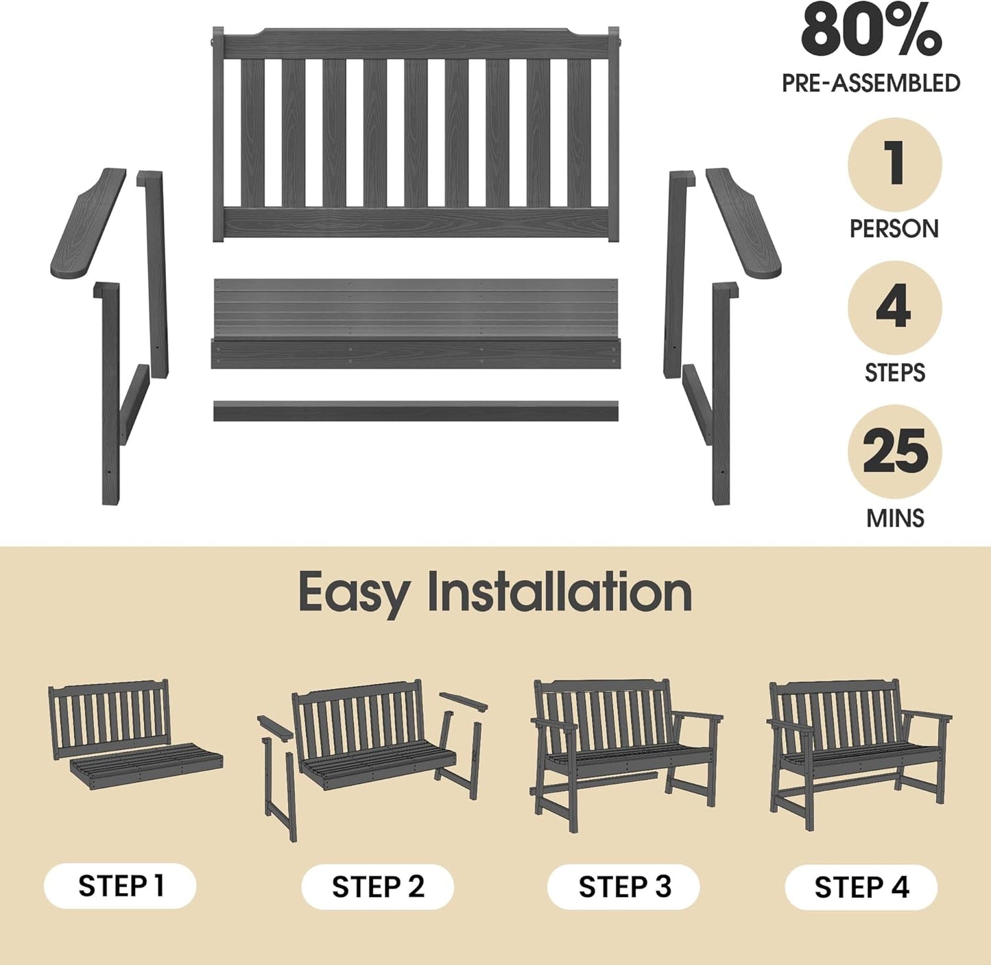 Ciokea 46" Heavy Duty Outdoor Bench, HDPE Weatherproof Garden Benches, Durable 2-Person Porch Benches with 660 Lbs, Waterproof Patio Bench for Outside Balcony Deck Backyard, Dark Grey