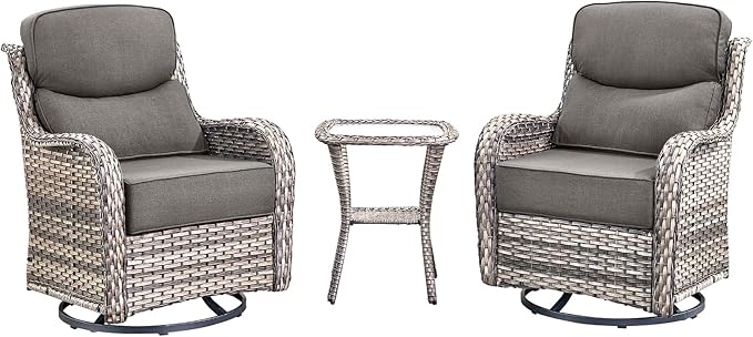 Luxury High Back Outdoor Swivel Rocker Patio Chairs with Side Table & 6-Inch Thick Cushions, 3 Pieces Patio Furniture Set for Porch, Balcony, Deck and Yard