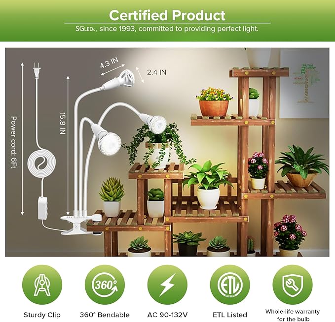 Grow Lights for Indoor Plants, LED 40 W Full Spectrum Bulb Replaceable Plant Light, 600 W Equivalent Clip on Grow Light with Optical Lens for Indoor Growing, Lifetime Free Bulb Replacement