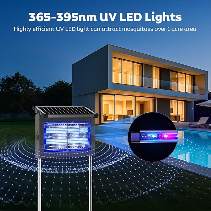 Solar Bug Zapper Outdoor, Mosquito Zapper Waterproof Electric Fly Zapper Rechargeable Mosquito Killer Lamp with 10W Solar Panel, 4500V Cordless Fly Trap for Backyard, Patio, Garden, RV, Camping