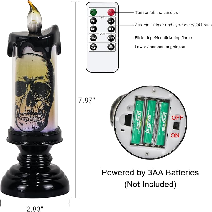 DRomance Halloween Flameless Flickering Candle Lights with Remote Timer, Battery Operated LED Candle Lamp Spooky Skull Crow Spider Decals and Lights Indoor Decor(3 Pack, 2.8" D x 7.8" H)