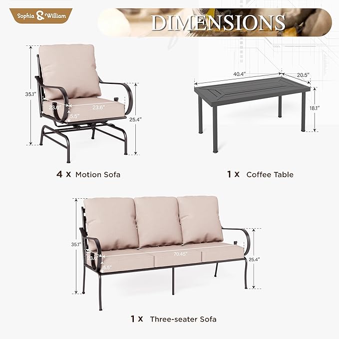 Sophia & William 6 Piece Patio Furniture Set, Outdoor Conversation Sets 7 Seat Clearance with 3-seat Sofa x 1, Rocking Chair x 4, Metal Coffee Table x 1 for Front Porch Lawn, Beige
