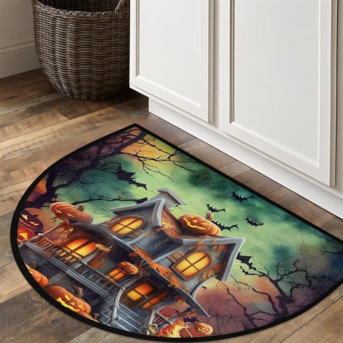 Halloween Half Round Door Mat, Halloween Castle Pumpkin Bats Semicircle Door Mats, Non Slip Area Rug Soft Doormat for Indoor Entrance Wear Resistant Welcome Mat for Garage Patio Home Decor 24 x 36 In