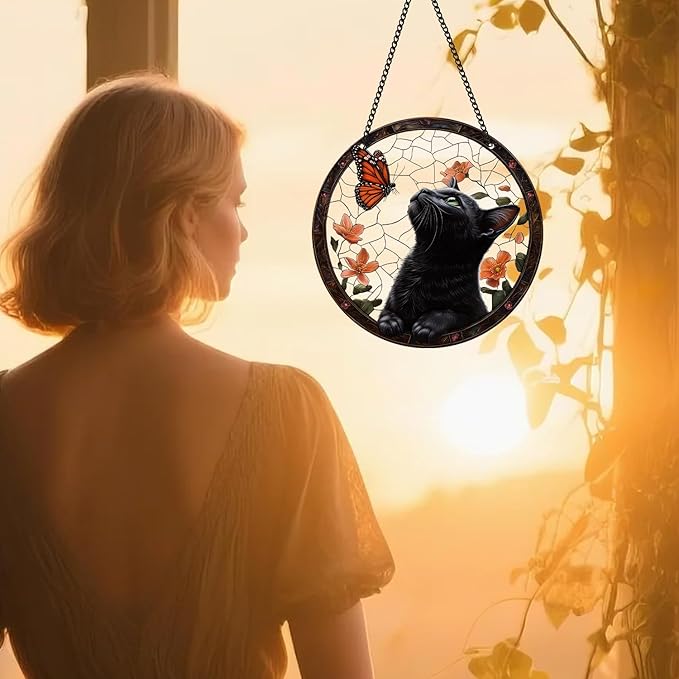Black Cat Sun Catcher - Black Cat Butterfly Flower Suncatcher Rainbow Maker Stained Acrylic Window Hanging Ornament Indoor Outdoor Decoration Home Garden Decor Chain Pendant Memorial Gifts