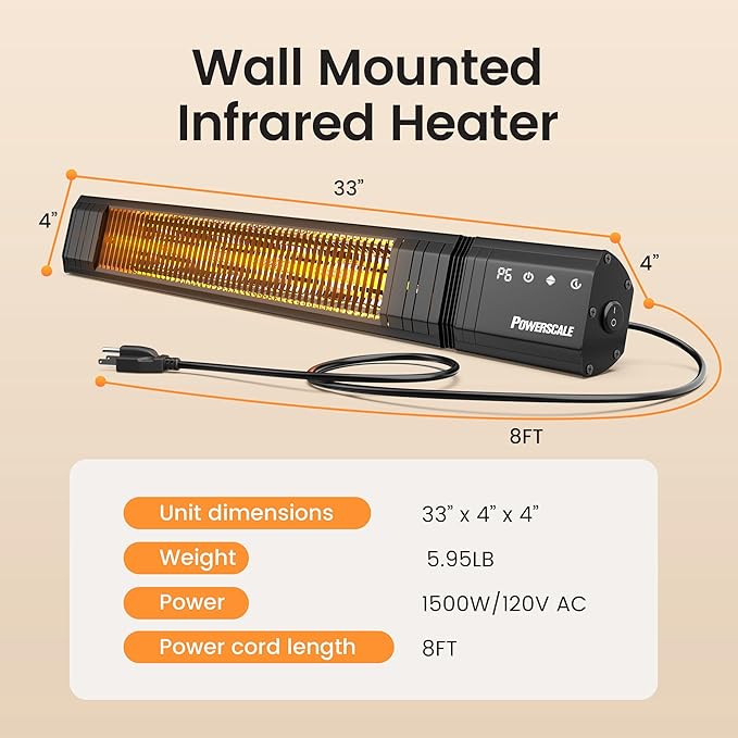 Infrared Heater 24H Timer Outdoor Heater, IP65, Memory Function Infrared Electric Patio Heater, 9 Levels Heating Touchscreen With Remote Electric heater, Restaurant Backyard, 1500W, Black
