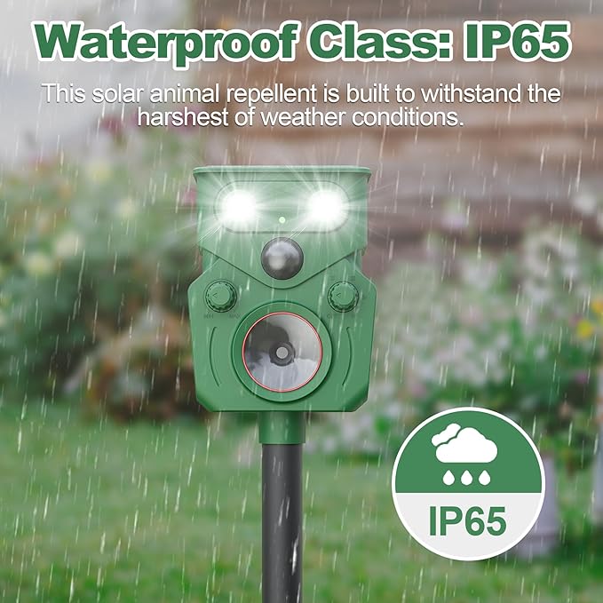 Ultrasonic Animal Repeller Solar Powered Squirrel Repeller Motion Sensor Deer Deterrent Rabbit Cat Dog Control Device with 5 Modes and Flashing Lights Outdoor Yard Lawn Orchard Garden