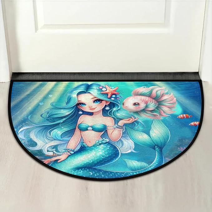 cfpolar Half Round Door Mat, Cute Mermaid Semi Circle Area Rug, Non Slip Area Rug Soft Doormat for Front Door Indoor Entrance Wear Half Moon Rug for Kitchen Bedroom Patio Fireplace 24 x 36 in