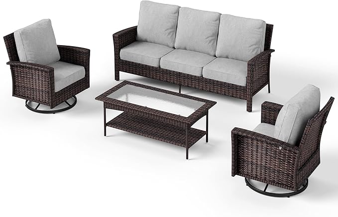 4 Pieces Patio Furniture Set with Swivel Chairs, High Back Wicker Rattan Sofa with Extra Thick Cushion and Coffee Table, Outdoor Conversation Set for Garden Backyard Deck, Grey