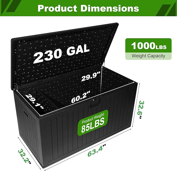 230 Gallon Outdoor Storage Box Waterproof, Extra Large Plastic Outside Deck Box Weatherproof, Resin Patio Storage Bin with Lock and Lids for Pool Equipment, Cushion, Black