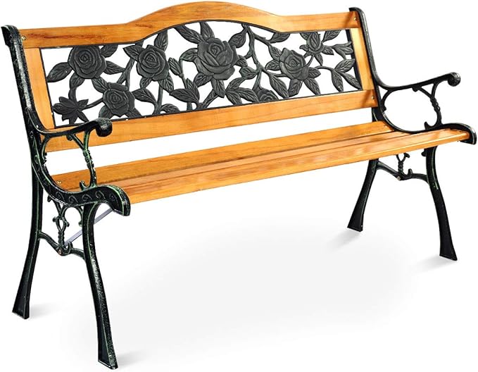 S AFSTAR Outdoor Garden Bench, Patio Bench with Large Rose Cast Backrest & Comfort Wood Seat, 470 LBS Load Capacity, Weather Proof, Durable, Easy to Assemble