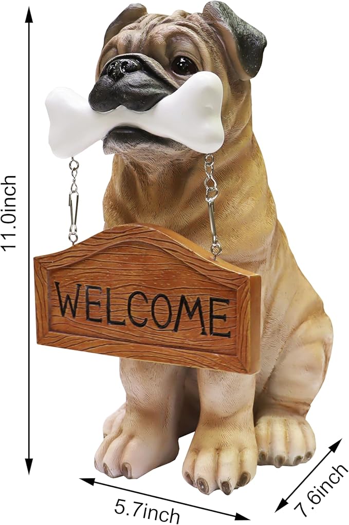 Nature's Mark Pug Dog Puppy Statue with Reversible Welcome Sign and Go Away Sign Resin Garden Decor 12" H