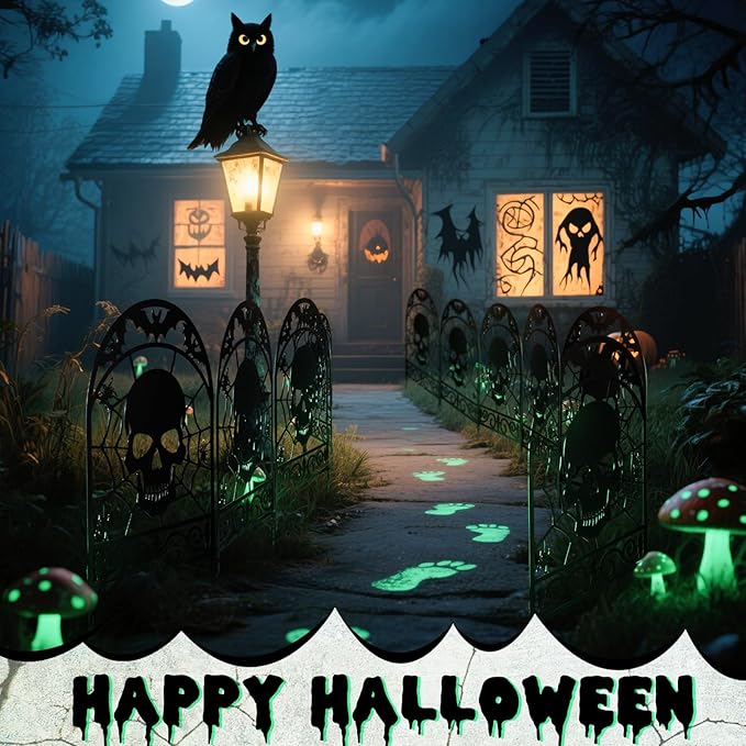 6 Pack Halloween Skull Fence Outdoor Decoration Spooky Graveyard Fence for Halloween Yard Party Decor, Black Metal Decorative Garden Stake Yard Sign for Lawn Porch, 16.5''h x 11.8''w
