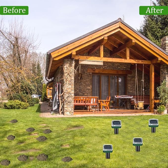 Mole Repellent Solar Powered - Ultrasonic Mole Vole Repeller Outdoor Deterrent, Rodent Snake Chipmunk Gopher Repellent for Lawns Garden Yard (8 Packs)