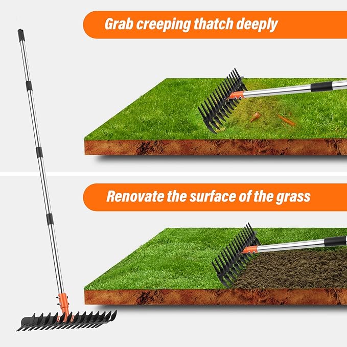 Garden Thatch Rake for Lawn, Heavy Duty Metal Thatching rake with Strong Handle, Wide 15inch Iron Dethatcher Rakes for Yard Leaf & Weed Clean, Soil Loose, Grass Groom