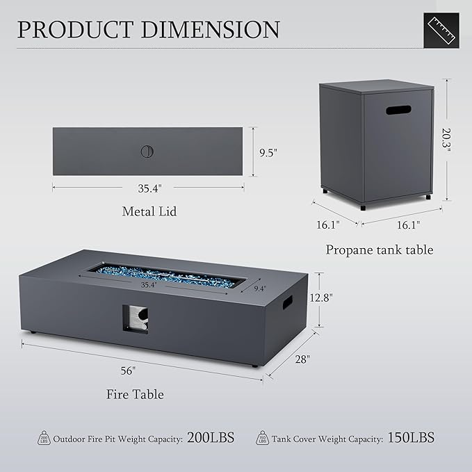 UPHA 56-inch Outdoor Propane Gas Fire Pit Table 50000 BTU Iron Rectangle Firepit for Outside Patio with Tank Hidden Table, Removable Lid, Blue Glass Rocks, Rain Cover, Dark Grey