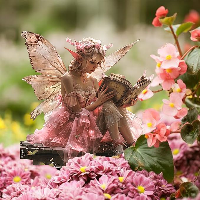 Fairy Garden Stake Decor, 2D Flat Acrylic Fairy Garden Decor Panel, Elf Yard Sign for Outdoor Indoor Yard Lawn Plants Pots, Fairy Backyard Accessories (Pink Fairy Reading a Book)