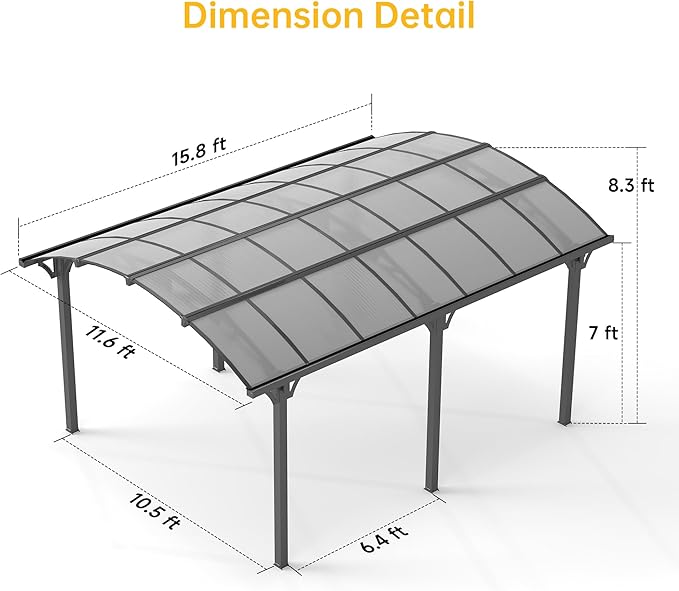 Heavy Duty Carport, 12x16ft Carport with Arch-Roof Polycarbonate Panel, Garage Car Shelter Outdoor Storage Shed for Cars, Boats and Trucks,Gray