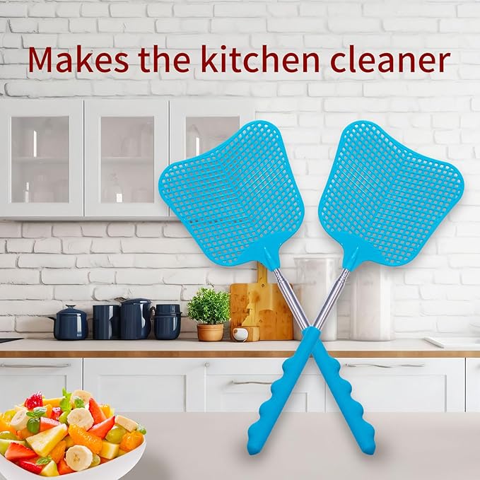 Fly Swatters 2 Pack, Durable Telescopic Stainless Steel Handle, Heavy Duty Blue Bug Zapper Racket, Upgraded Plastic Fly Swatter Set for Indoor Outdoor Home Hiking Camping Garden