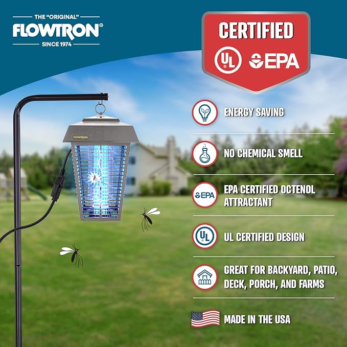 Flowtron Bug Zapper, 1-1/2 Acre of Outdoor Coverage with Powerful 80W Bulb & 5600V Instant Killing Grid, Electric Insect, Fly & Mosquito Zapper, Made in The USA, UL Certified - Grey Color