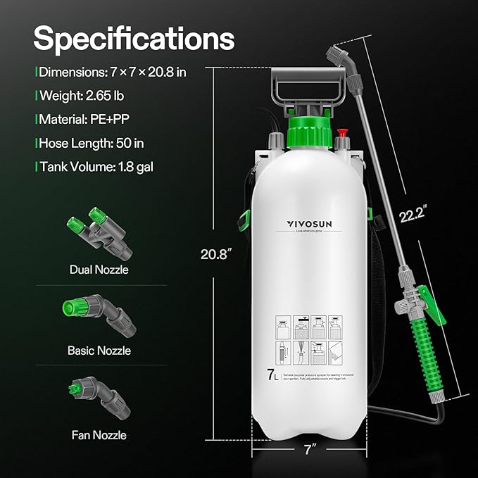 VIVOSUN 1.8 Gal/7L Pump Sprayer, Garden Water Sprayer for Plants, Weeds & Lawn Care, with 3 Nozzles, 50'' Long Hose & Pressure Relief Valve